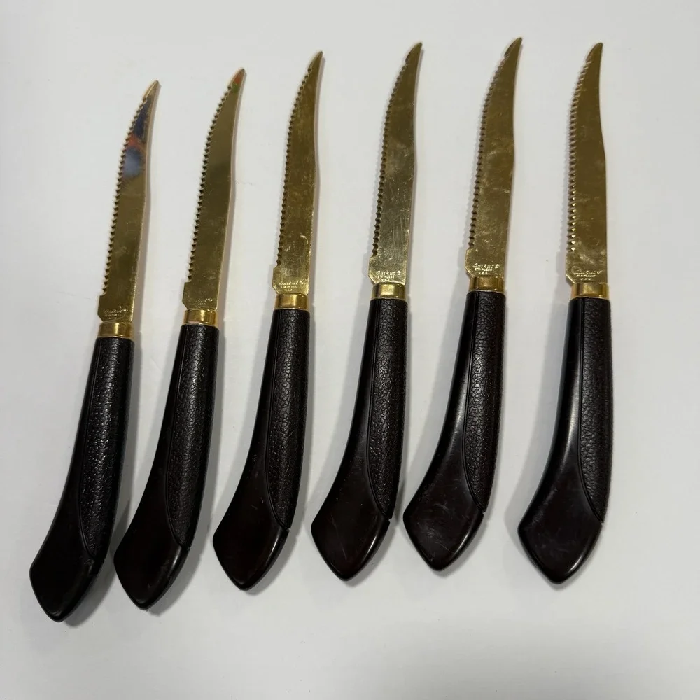 Quikut Gold Blade Faux Wood Handle Knives Set Of 6 Stainless USA